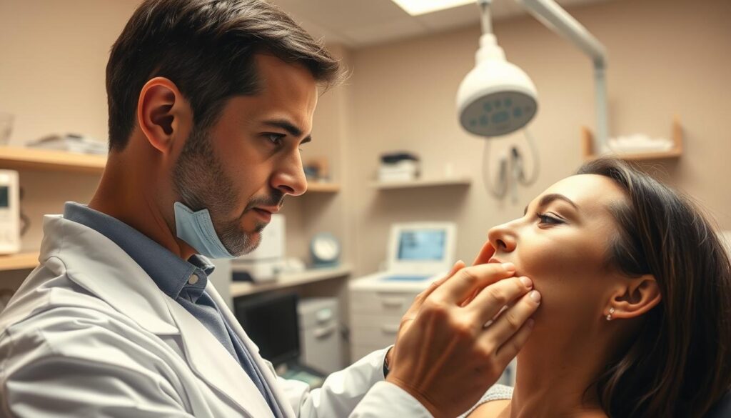 A clinical examination room with a dermatologist closely inspecting a patient's skin under bright, warm lighting. In the foreground, the dermatologist's hands carefully examine the skin, looking for any abnormalities or suspicious lesions. In the middle ground, the patient's face is partially visible, expression of trust and cooperation. The background depicts medical equipment, shelves of diagnostic tools, and a soothing, neutral-toned decor that conveys a sense of professionalism and expertise. The overall atmosphere is one of careful, attentive medical assessment, with the dermatologist's focused gaze and the patient's willing participation central to the scene.