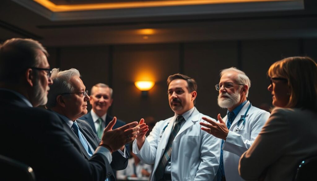 A dimly lit conference room, the air thick with the weight of expertise. In the center, a panel of renowned dermatologists, their faces illuminated by warm, directional lighting, engaged in lively discussion. The background blurs, drawing focus to their animated gestures and thoughtful expressions as they share their insights on the nuances of basal cell carcinoma diagnosis and treatment. A sense of authority and clinical precision pervades the scene, inviting the viewer to lean in and absorb the wisdom of these medical luminaries.