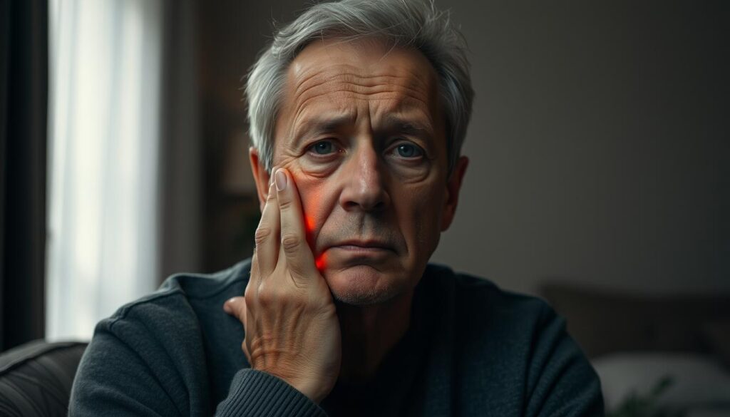 A middle-aged person with a concerned expression sits in a dimly lit room, gently touching the area of their face affected by a basal cell carcinoma. The room's atmosphere is somber, with muted colors and subtle shadows casting a contemplative mood. The subject's face is illuminated by a warm, directional light, highlighting the subtle textures and details of their skin. In the background, there is a sense of uncertainty and vulnerability, with the person's future and treatment options weighing heavily on their mind.