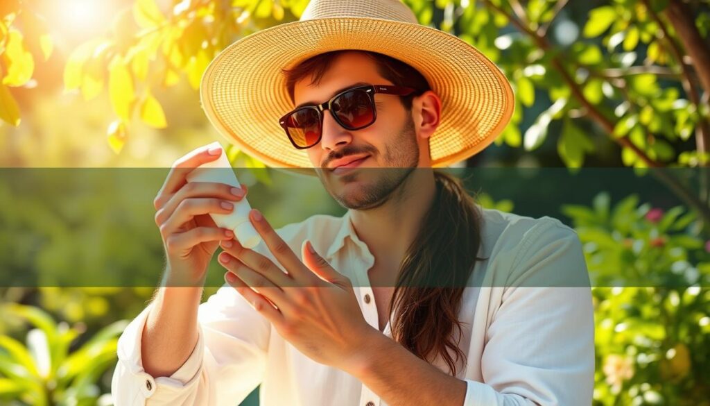 A vibrant, photorealistic image of a person diligently applying sunscreen to their face and arms, surrounded by an assortment of sun protection essentials - a wide-brimmed hat, UV-blocking sunglasses, and a lightweight, long-sleeved shirt. The scene is set against a backdrop of a lush, verdant garden, with the warm glow of the sun filtering through the leaves, emphasizing the importance of UV avoidance. The overall composition conveys a sense of proactive, informed self-care, underscoring the key prevention strategies for basal cell neoplasm.